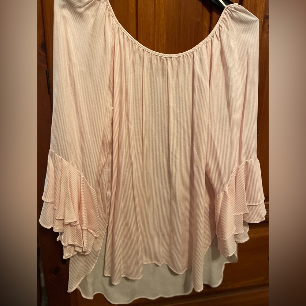 Ladies pink with tiny white stripes size LARGE blouse. From Cupio. New with tags